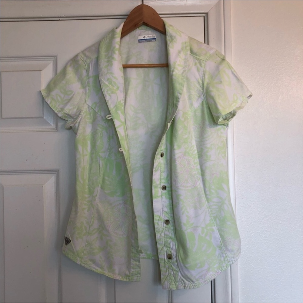 Columbia PFG Lime Green Floral Button Up Top
